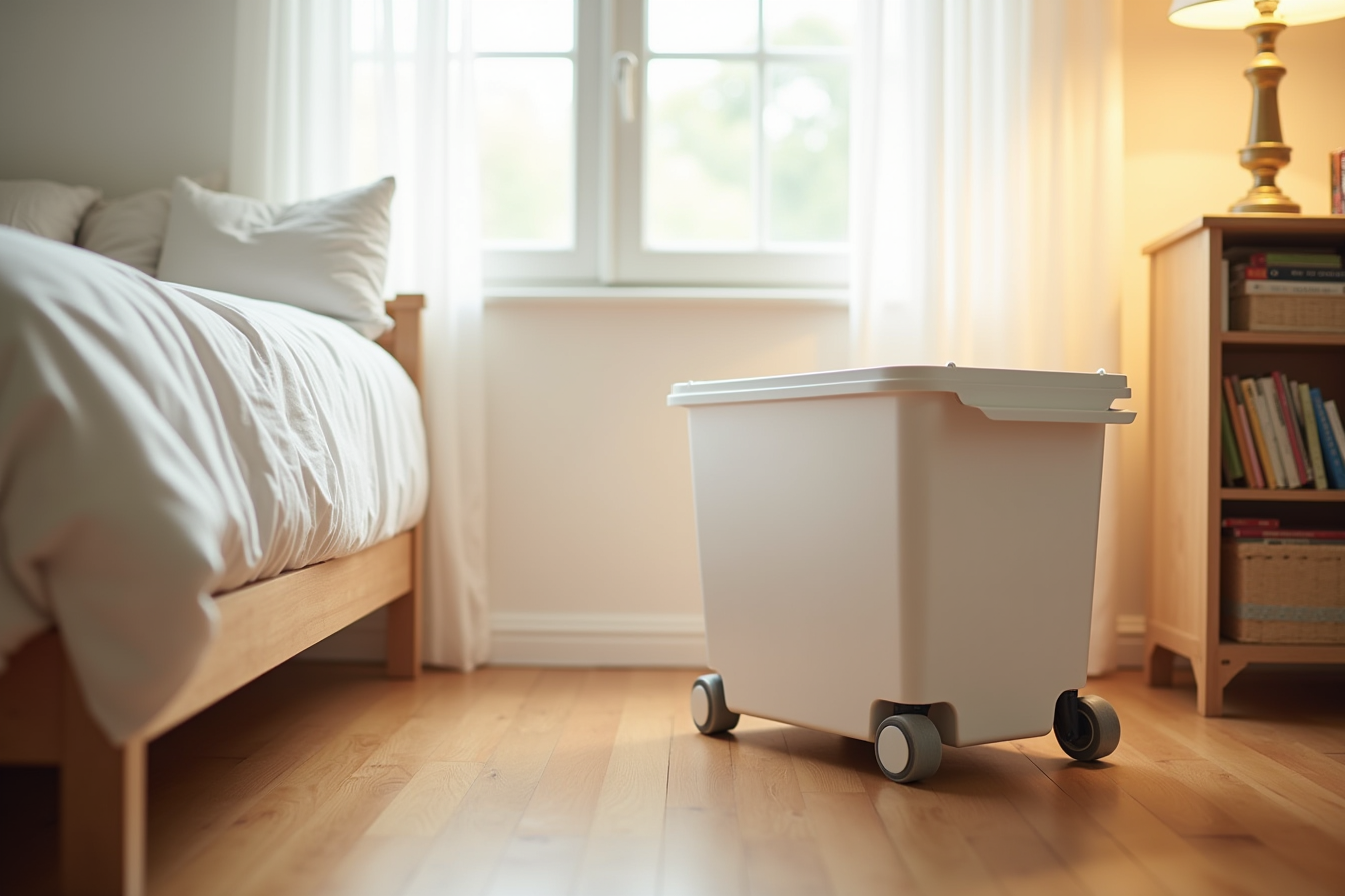 Rolling storage container with visible casters being pulled out from beneath a bed frame.