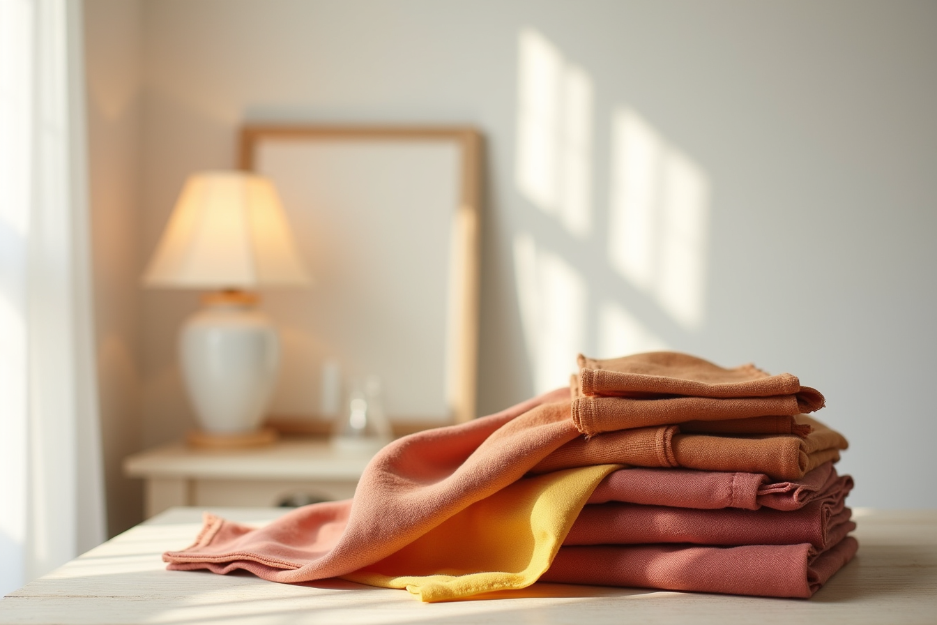 Twelve cloth napkins fanned in rust, gold, and burgundy arranged on a wooden surface.