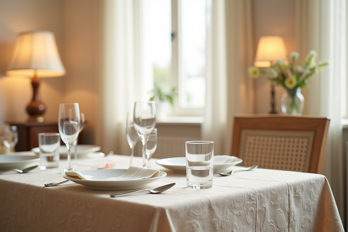 Corner place setting with folded napkin, plate, and goblet on damask fabric tablecloth.