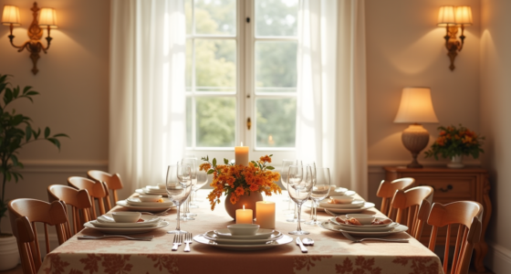 Fully set dining table with damask-patterned tablecloth, place settings, folded napkins, and centerpiece candles viewed from