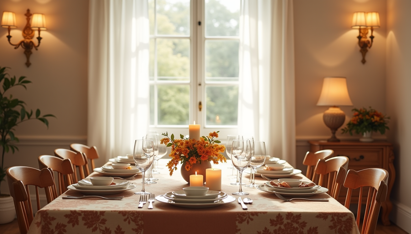 Fully set dining table with damask-patterned tablecloth, place settings, folded napkins, and centerpiece candles viewed from