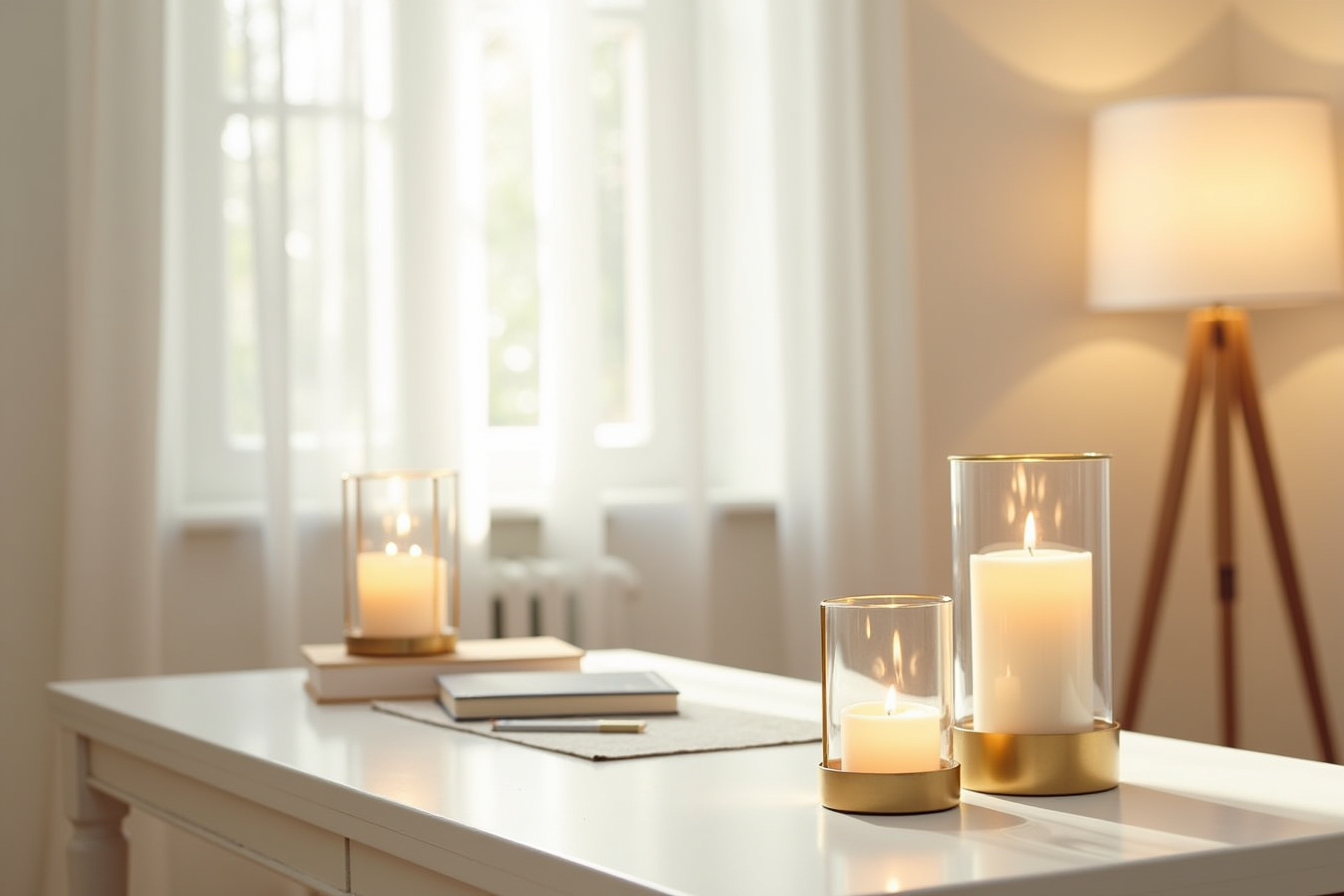 Pair of gold hurricane candle holders with lit candles glowing inside glass cylinders.