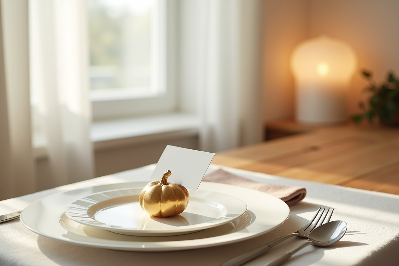Formal place setting with white plate, gold pumpkin place card holder, cloth napkin, and silverware.
