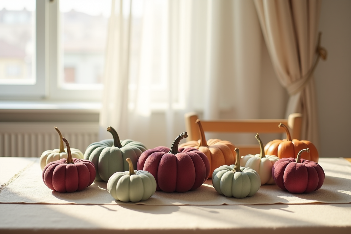 Velvet pumpkins in burgundy, plum, sage, and cream scattered on a neutral linen table runner.