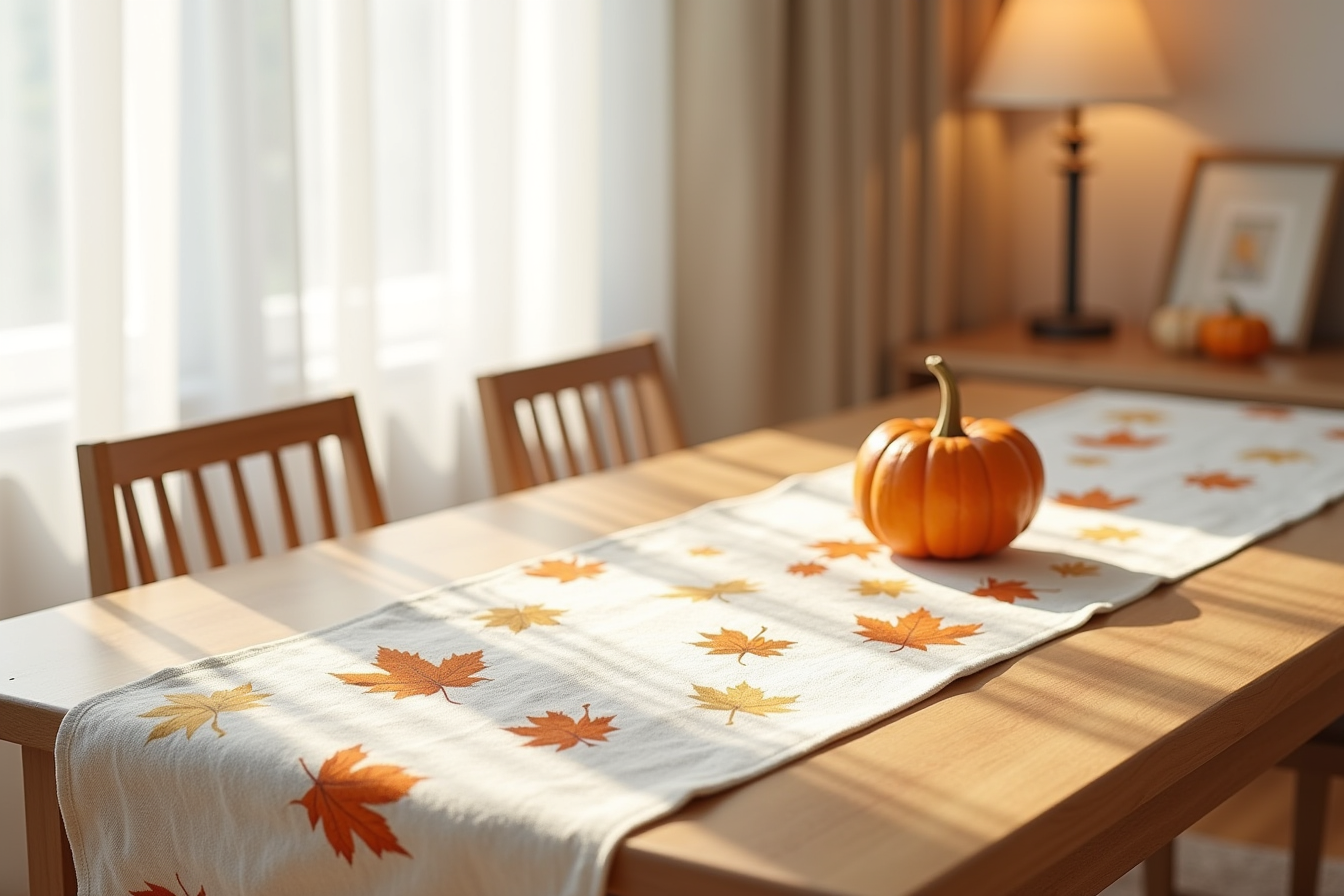 Printed table runner with orange pumpkins and maple leaves draped down center of wooden table.