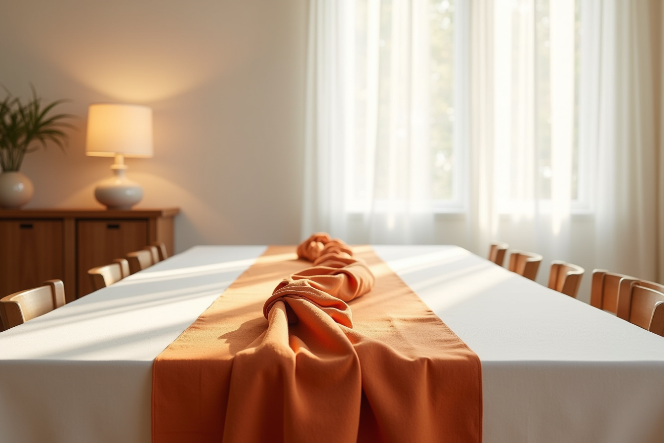 Terracotta cheesecloth table runner gathered in soft folds down the center of a long table.