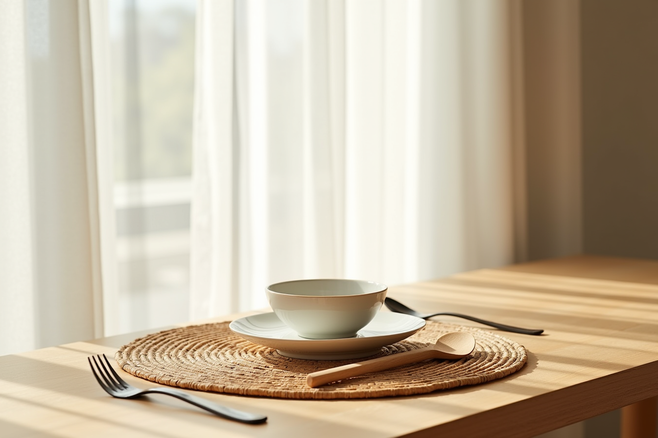 Ceramic plate and wooden utensils arranged on a woven water hyacinth placemat over wooden table.