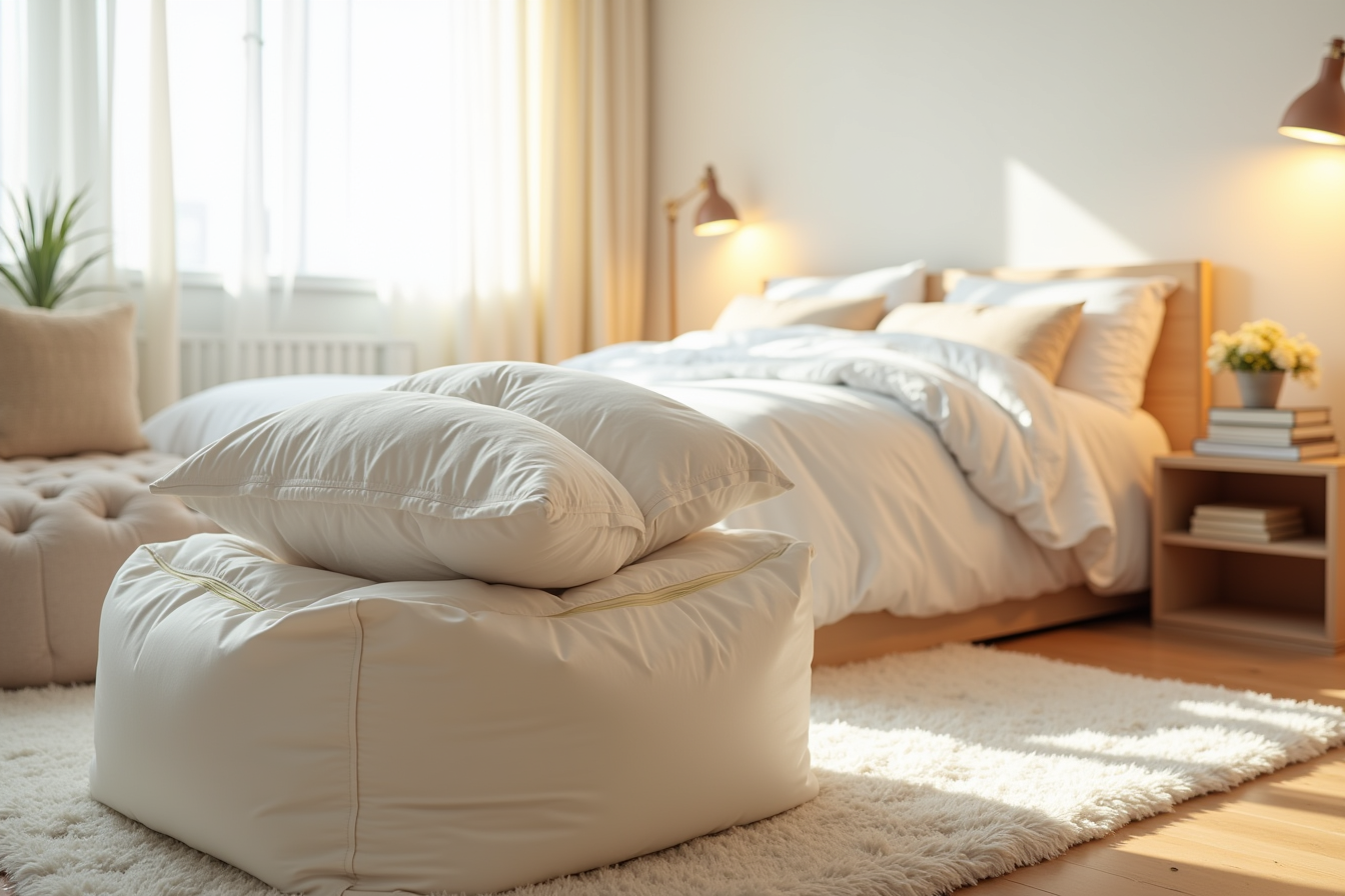 A large stuffed storage bag on a bedroom floor is filled with a puffy comforter and pillows, sealed with a top zipper.