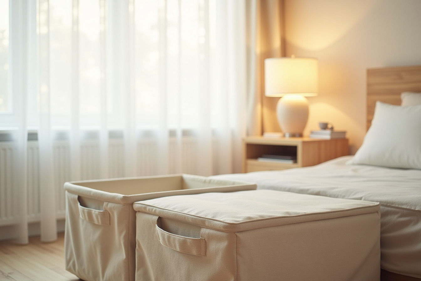 A semi-rigid fabric storage container with handles sits under a bed frame, maintaining its structured shape.