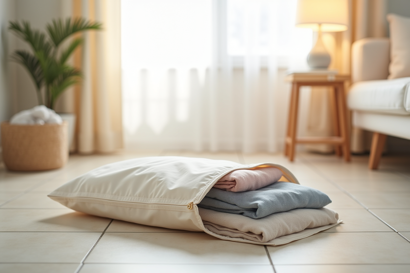 An open flat-fold storage bag on tile flooring displays folded clothing and a visible zipper closure.