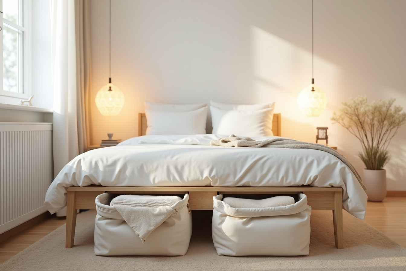 Two low-profile storage bags positioned under a bed contain blankets and compress to approximately six inches in height.