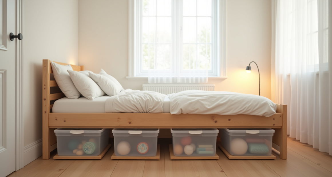 Four clear plastic wheeled storage boxes arranged under a low platform bed, viewed from above on a wooden floor.