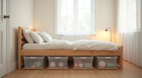 Four clear plastic wheeled storage boxes arranged under a low platform bed, viewed from above on a wooden floor.