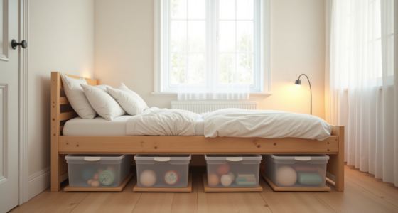 Four clear plastic wheeled storage boxes arranged under a low platform bed, viewed from above on a wooden floor.