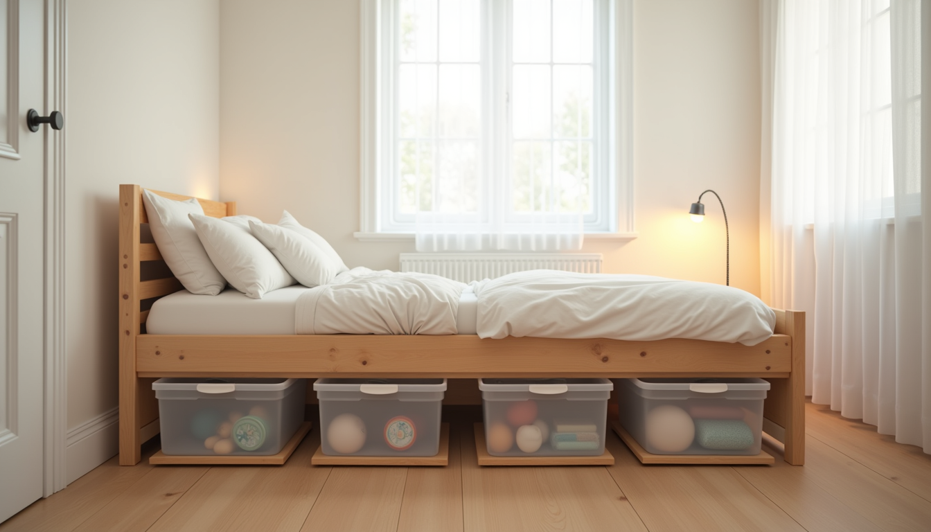 Four clear plastic wheeled storage boxes arranged under a low platform bed, viewed from above on a wooden floor.