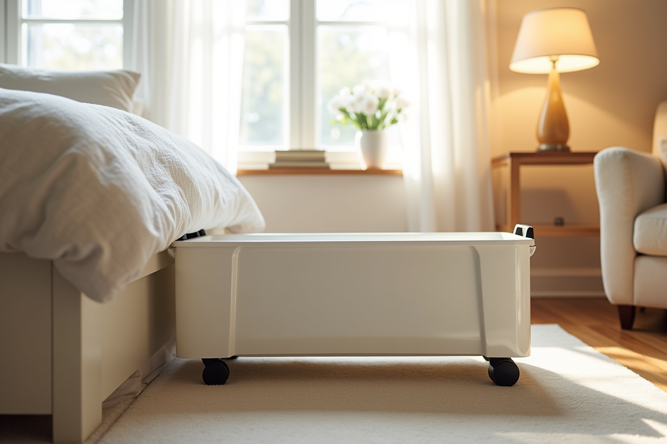 A rolling storage container with reinforced handles is being pulled out from under a bed frame on carpeted flooring.