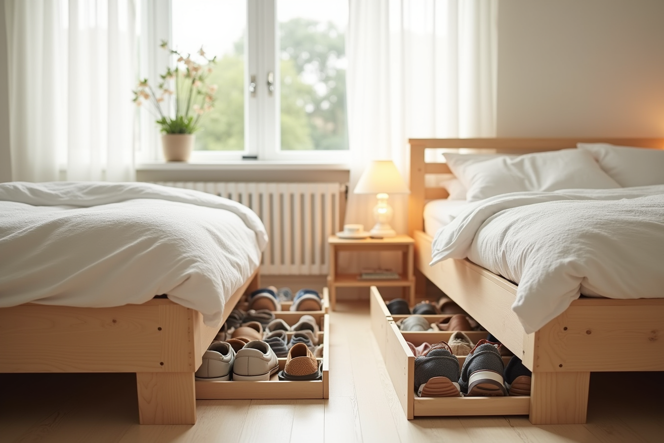 Two shoe organizers filled with sneakers, flats, and sandals are positioned under a low-profile bed frame.