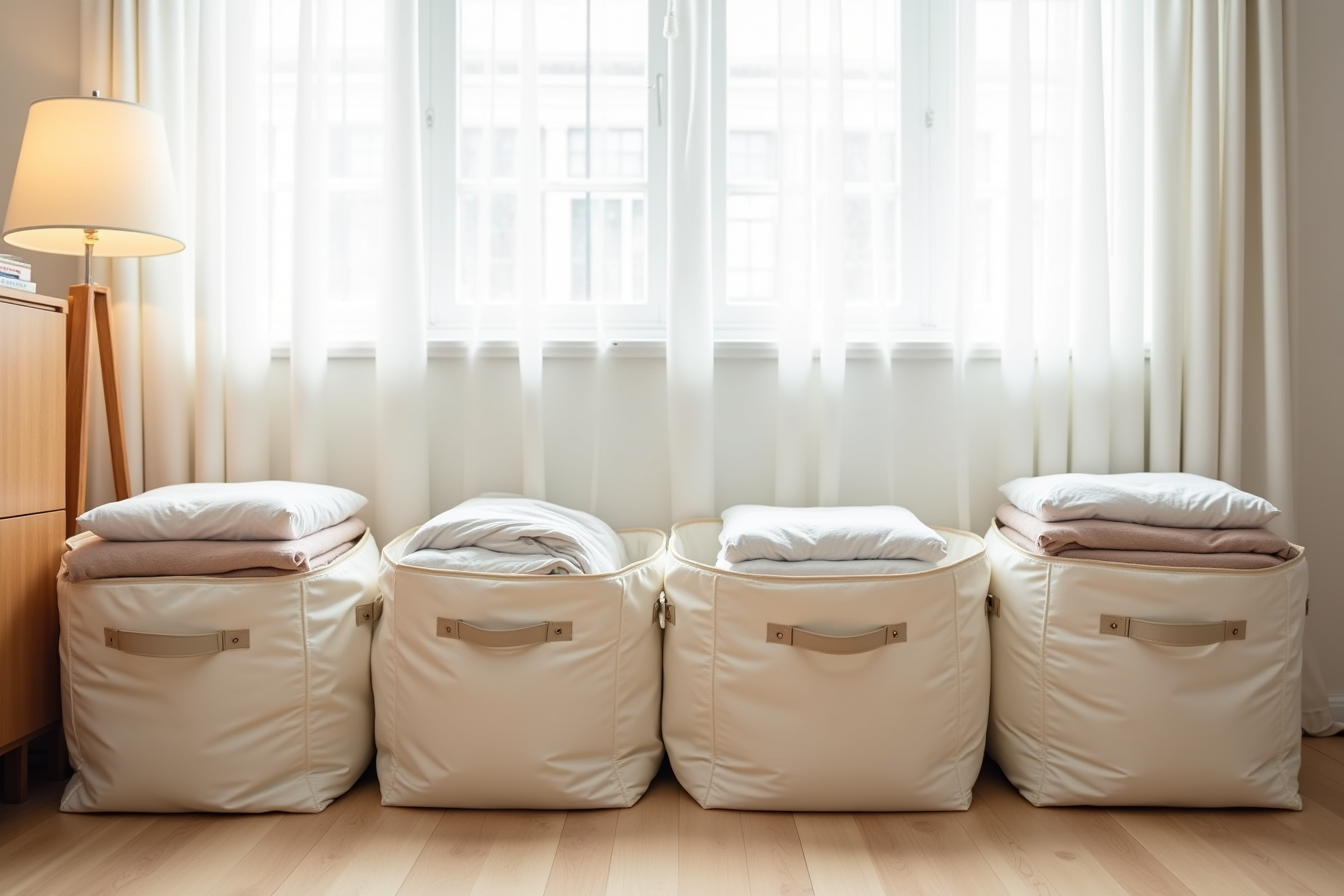 Four soft-sided storage bags lined up on a dorm floor contain comforters and textiles visible through semi-transparent