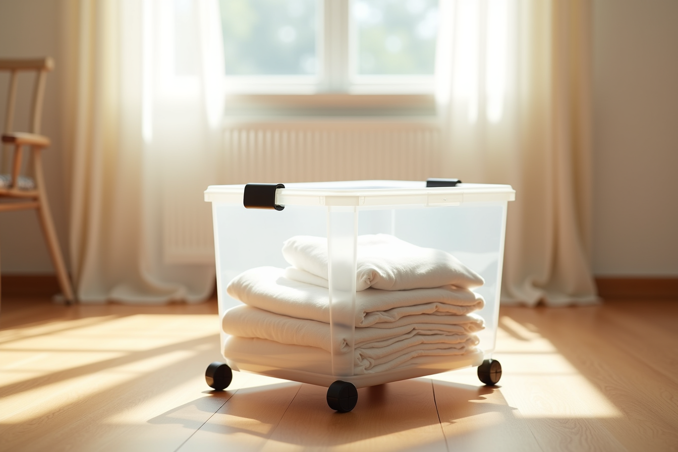 A transparent storage box with wheels and latch mechanism sits on hardwood, filled with neatly folded clothes and linens.