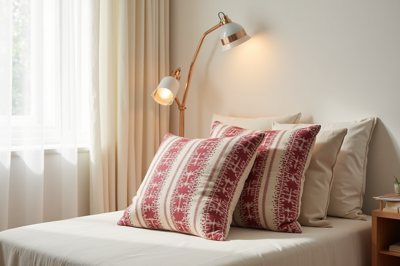 Two burgundy and cream patterned pillow covers with geometric woven texture arranged on linen.