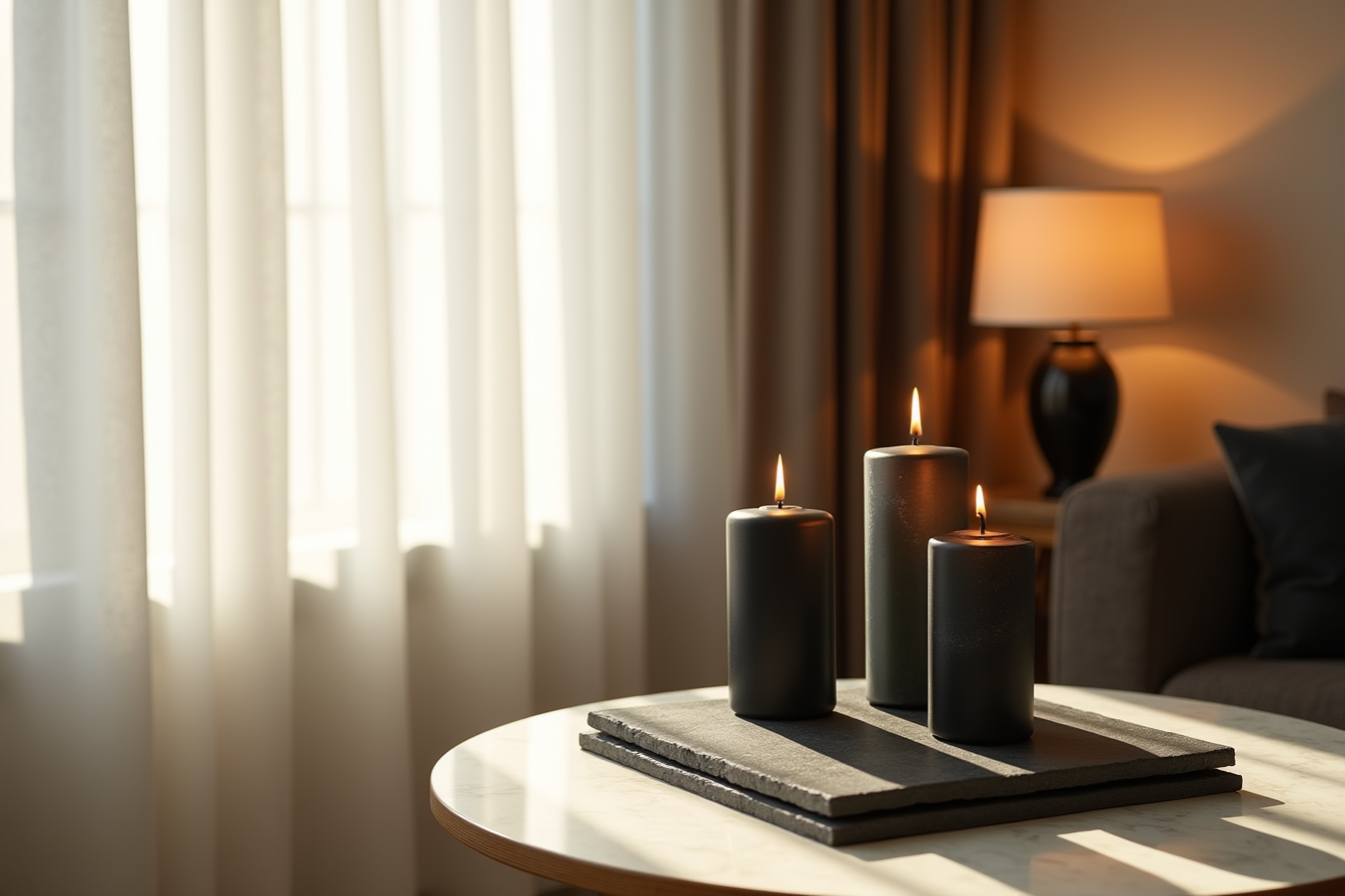 Three dark glass candles in varying heights on a marble surface with one lit flame casting shadows.