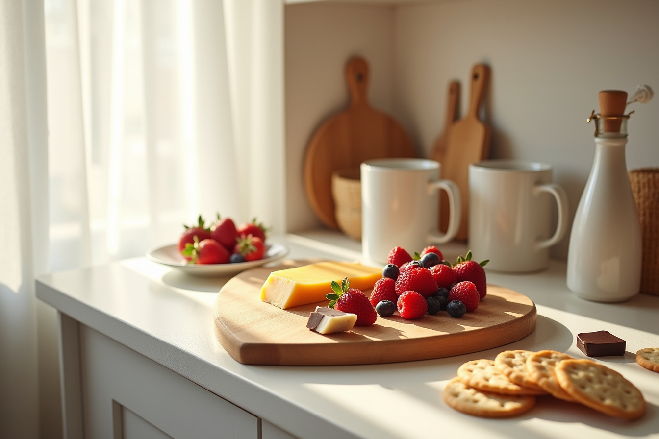 Heart-shaped wooden cutting board filled with cheese, fresh berries, chocolate pieces, and crackers.