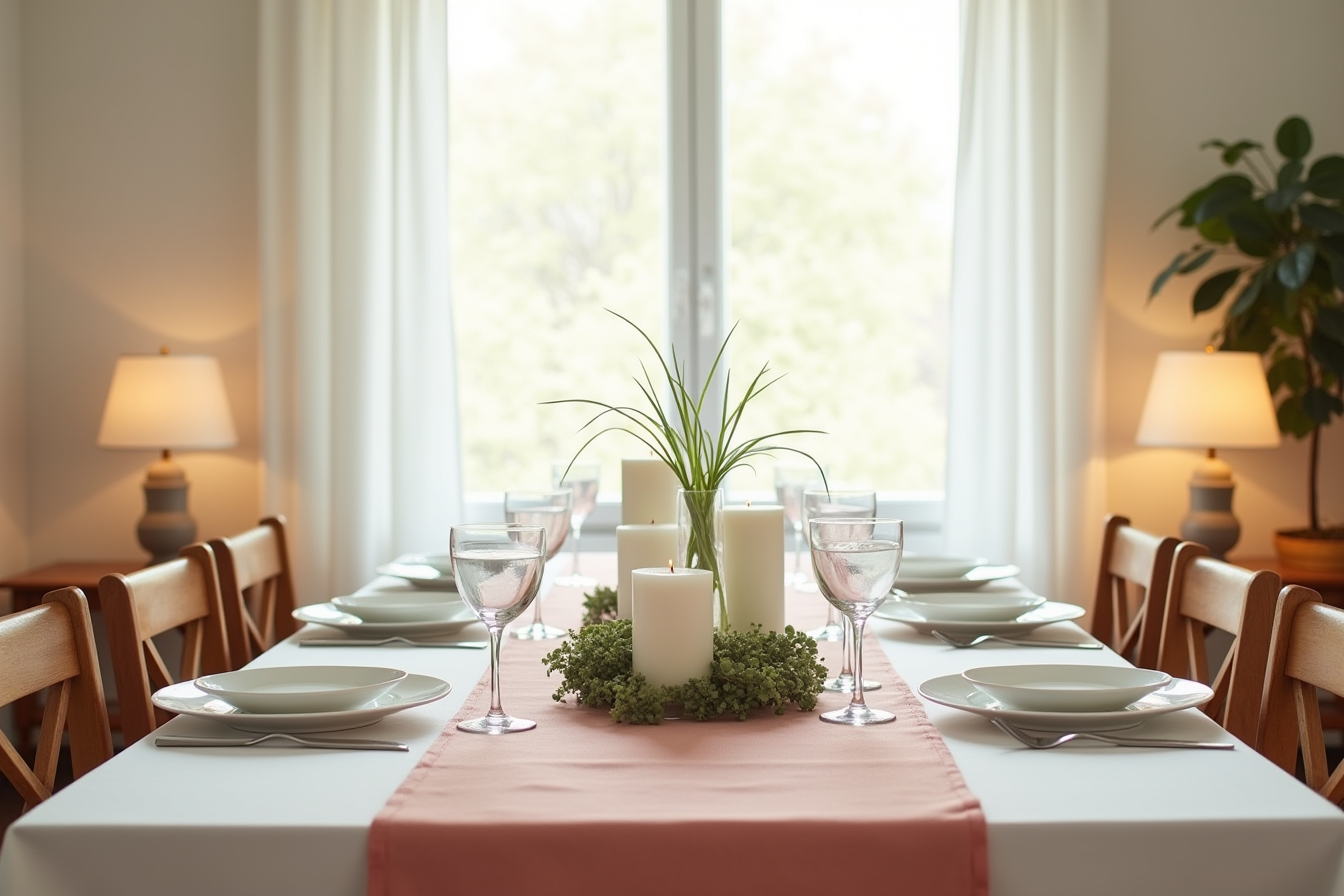 Pink cheesecloth runner down a dining table with place settings and a centerpiece of white candles and greenery.