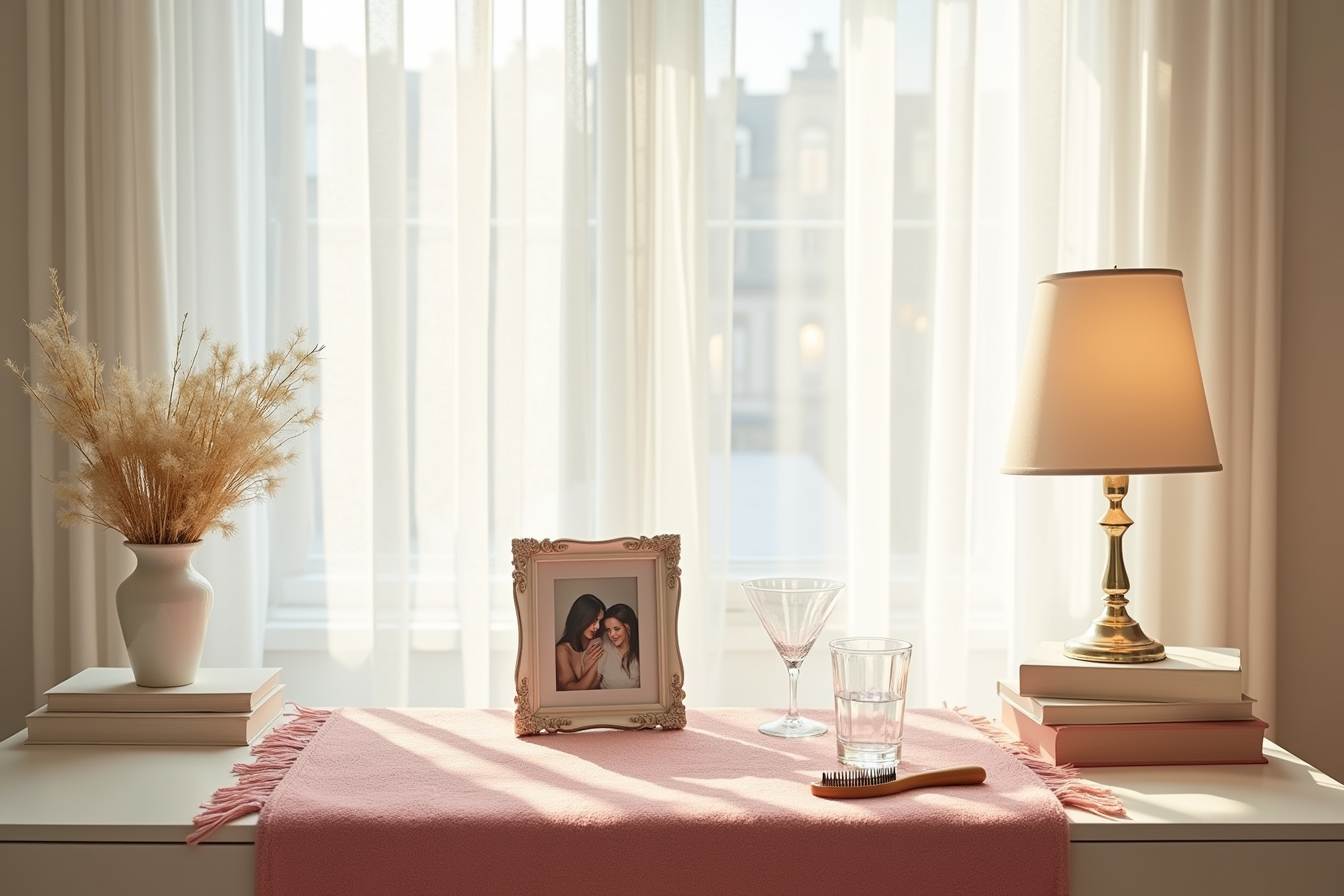 Vanity table with a pink ornate-framed rug, couple's photograph, hairbrush, and glass of water arranged overhead.