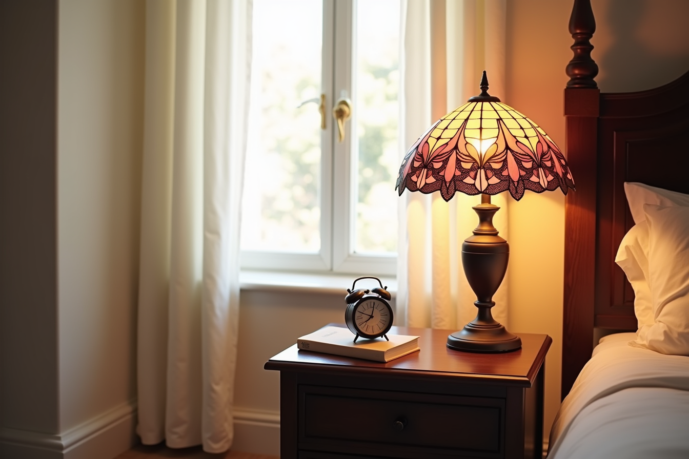 Pink stained-glass tiffany lamp glowing on a dark wood nightstand with a book and alarm clock nearby.