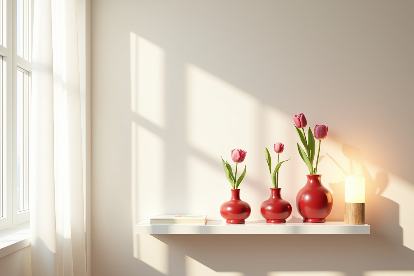 Three red ceramic vases on a white floating shelf, each holding a single pink rose or tulip stem at varying heights.