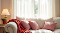 Cream sofa with red throw blanket, pink patterned pillows, and a red vase of white flowers on the side table.