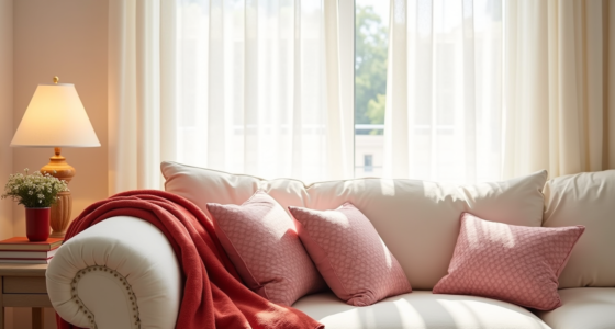 Cream sofa with red throw blanket, pink patterned pillows, and a red vase of white flowers on the side table.