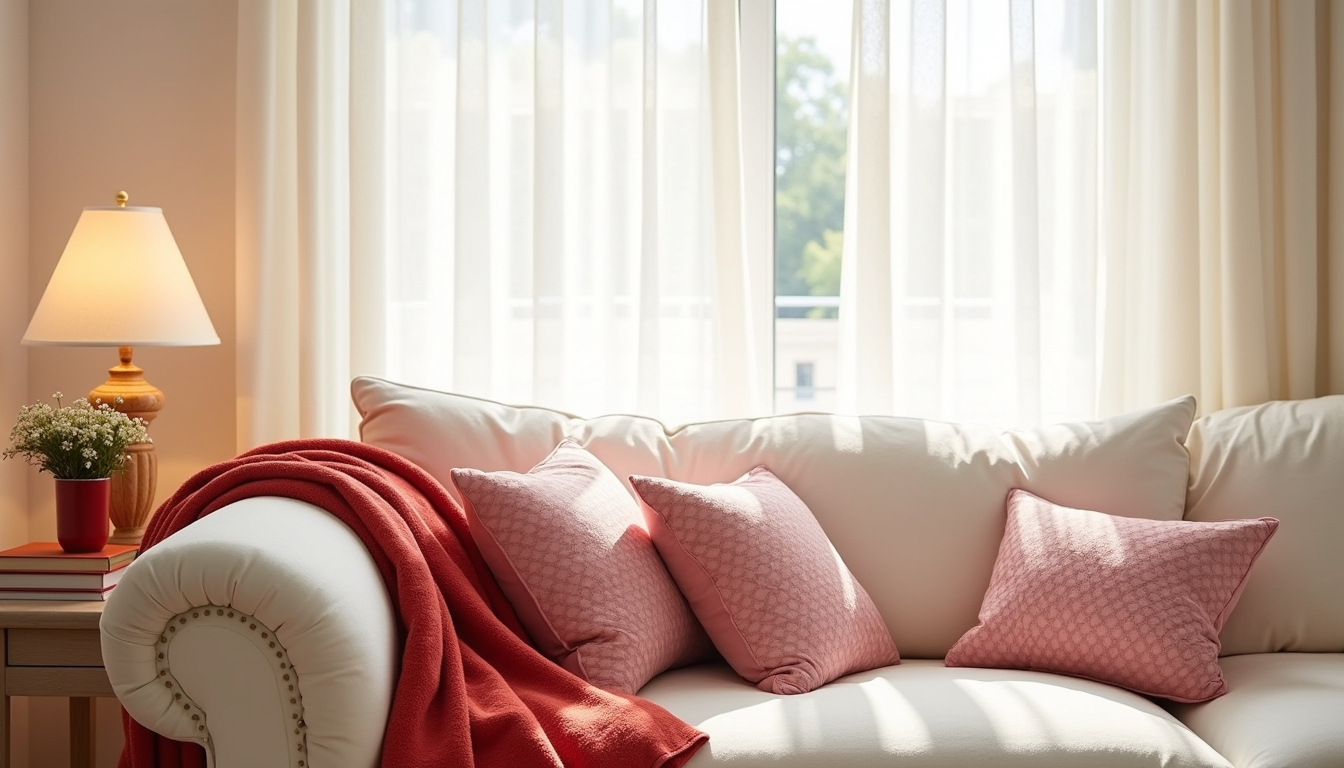 Cream sofa with red throw blanket, pink patterned pillows, and a red vase of white flowers on the side table.