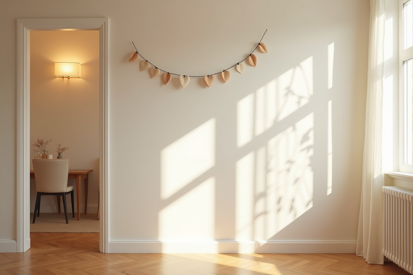 Entryway wall displaying a felt-heart garland secured with adhesive hooks above the door in a neutral apartment.