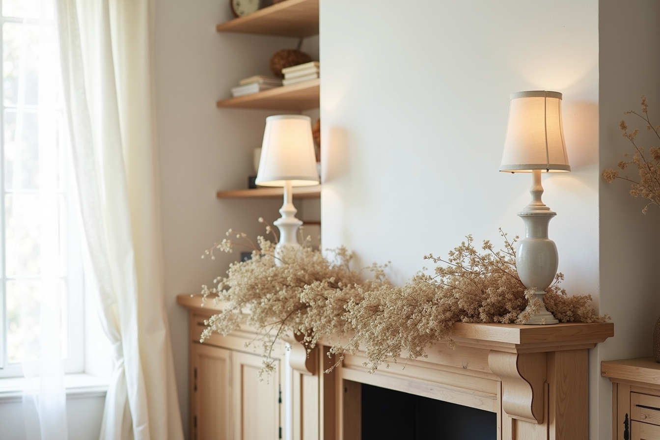 Farmhouse wooden mantel with a loosely draped burlap and dried-flower garland, accompanied by a ceramic pitcher.