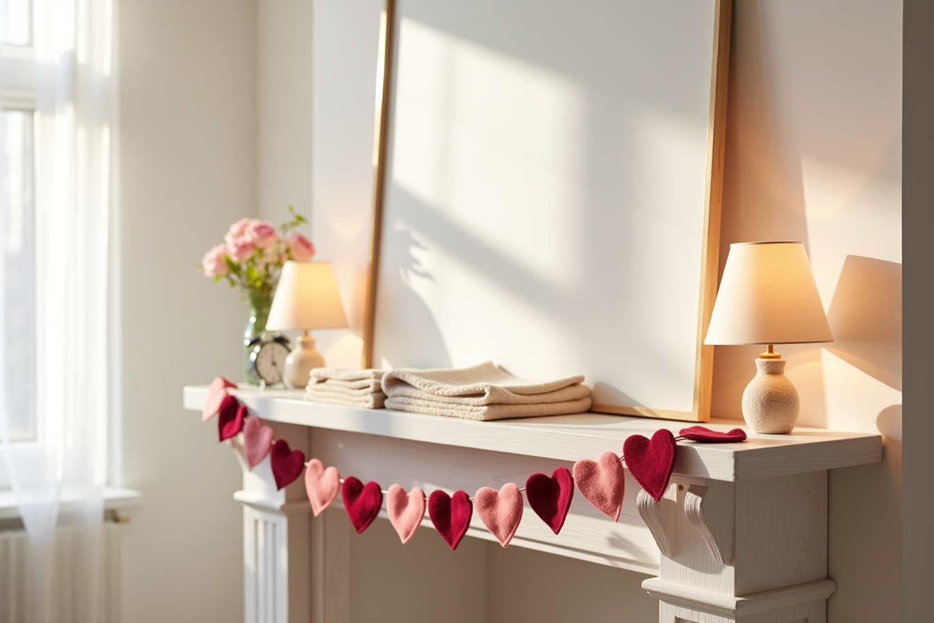 Bedroom mantel displaying a burgundy and pink felt-heart garland with an alarm clock and throw blanket on either side.