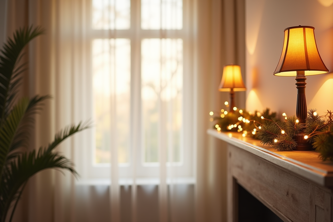 Mantel edge lined with a glowing LED garland emitting warm light against a shadowed wall at dusk.