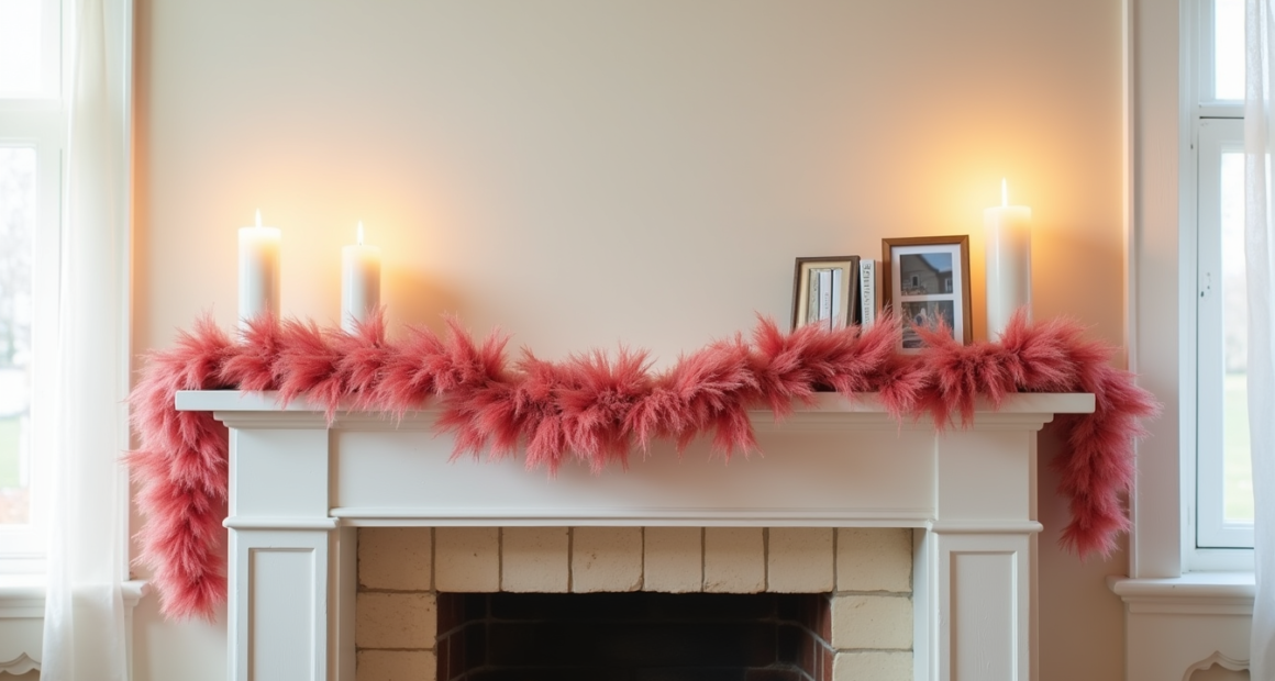 Fireplace mantel decorated with a swooping pink and red garland, flanked by white candles and framed photos.