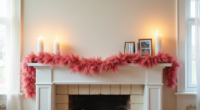 Fireplace mantel decorated with a swooping pink and red garland, flanked by white candles and framed photos.