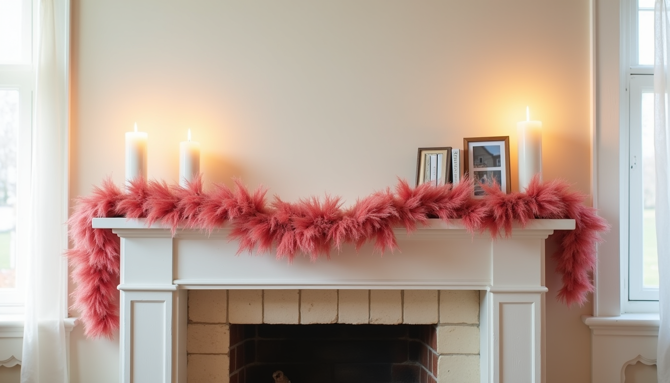 Fireplace mantel decorated with a swooping pink and red garland, flanked by white candles and framed photos.