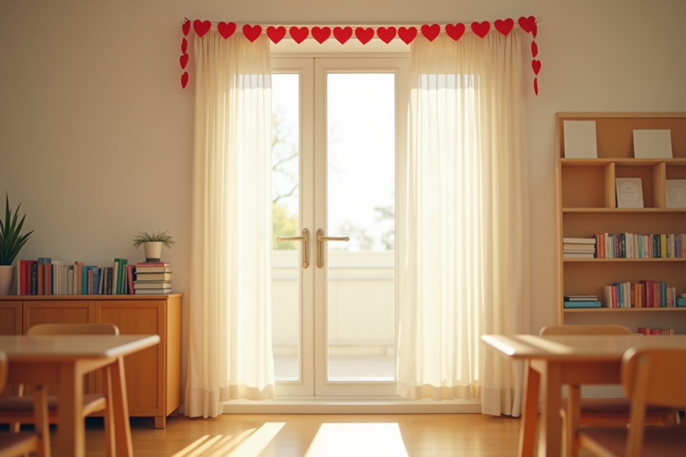 Classroom door frame topped with a horizontal red paper-heart garland, with a bulletin board of student work nearby.