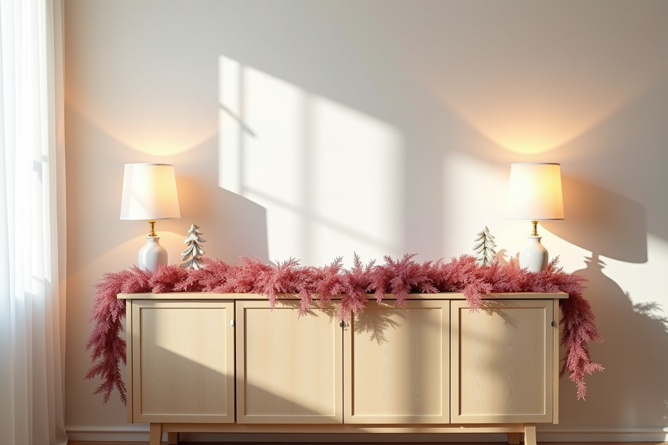 Sideboard with a horizontal pink and red garland cascading down the legs, bordered by candlesticks and a vase.