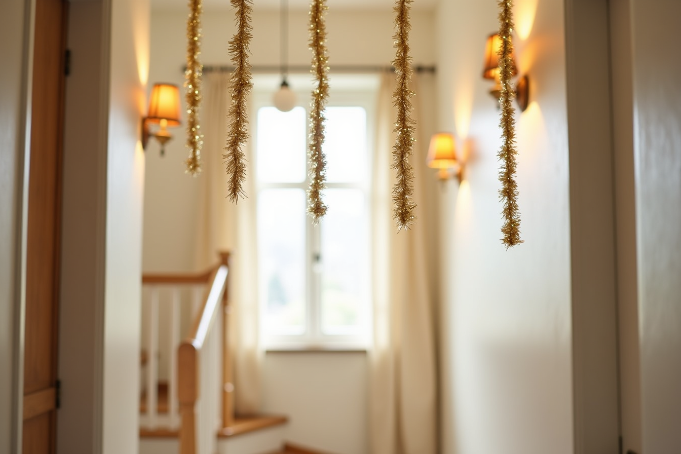 Doorway decorated with six vertical tinsel strands at varying heights, with a staircase banister visible behind.