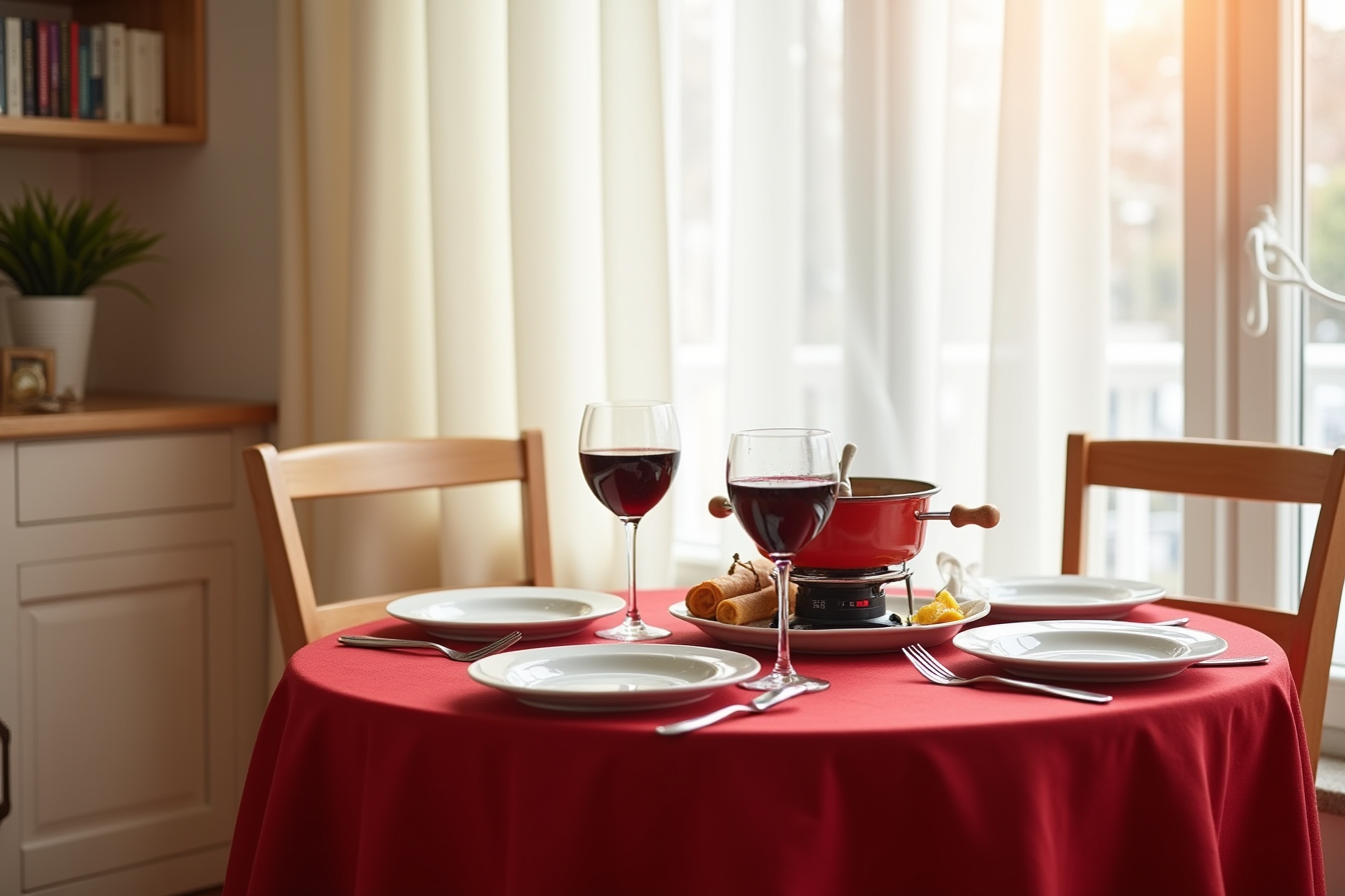 A red Valentine tablecloth covers a bistro table with two place settings, wine glasses, and a chocolate fondue pot with