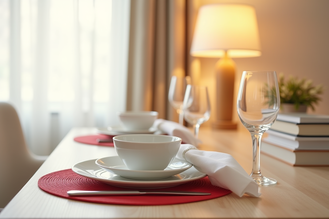A red heart placemat holds a white plate, folded napkin, and cutlery with another matching placemat blurred in the
