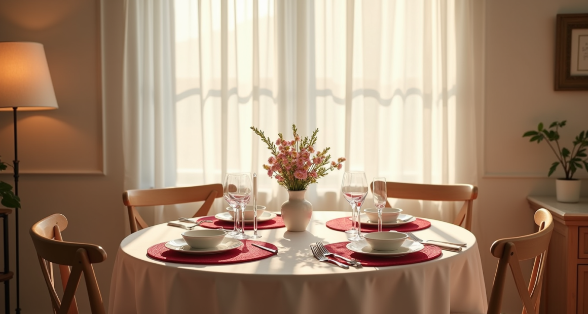 Round table for two features red heart placemats, white plates, wine glasses, a central flower vase, and glowing candles.
