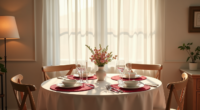 Round table for two features red heart placemats, white plates, wine glasses, a central flower vase, and glowing candles.