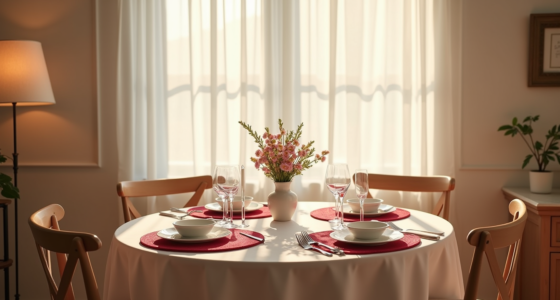 Round table for two features red heart placemats, white plates, wine glasses, a central flower vase, and glowing candles.
