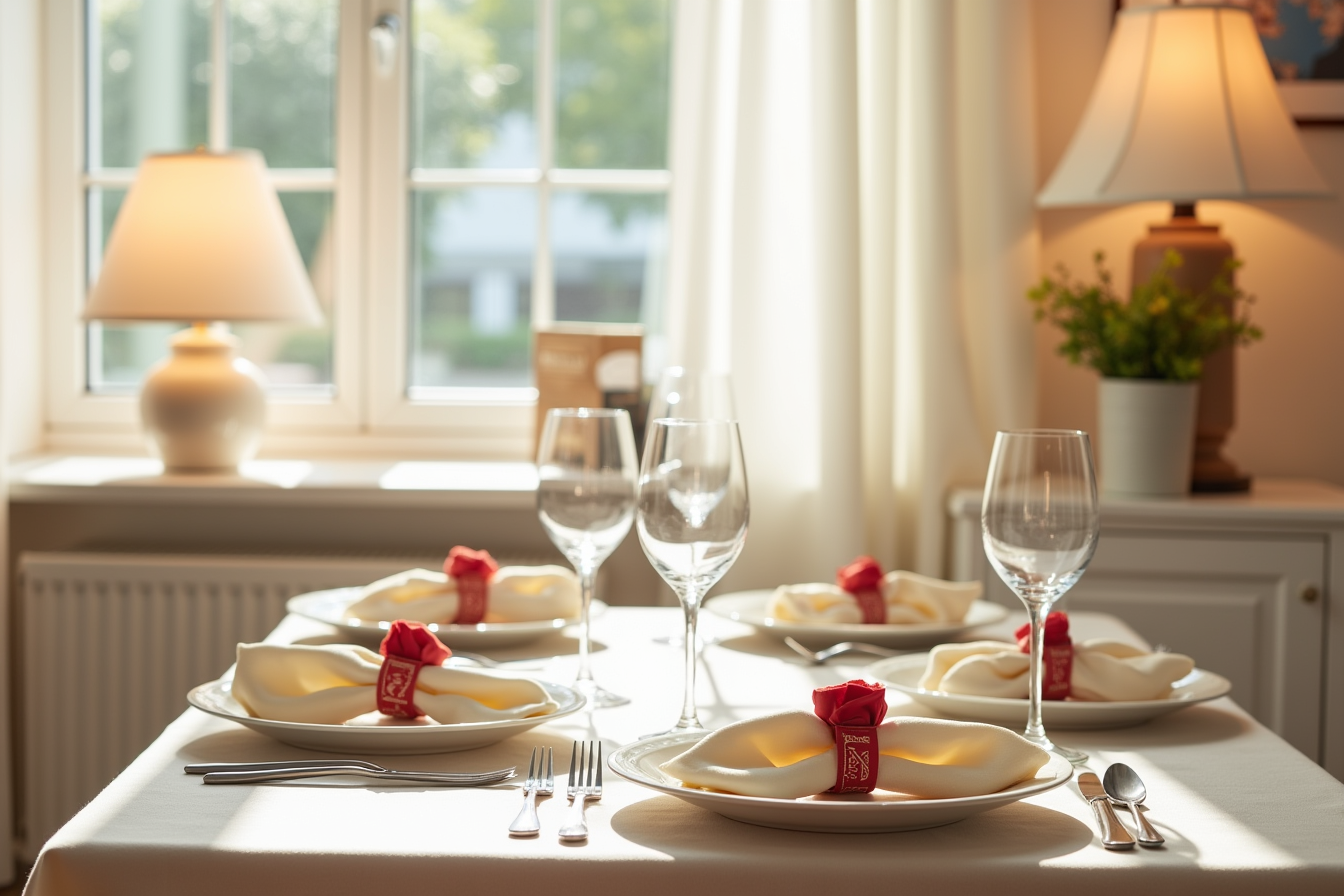Four place settings feature cream napkins with red Valentine napkin rings, wine glasses, and silverware on a linen