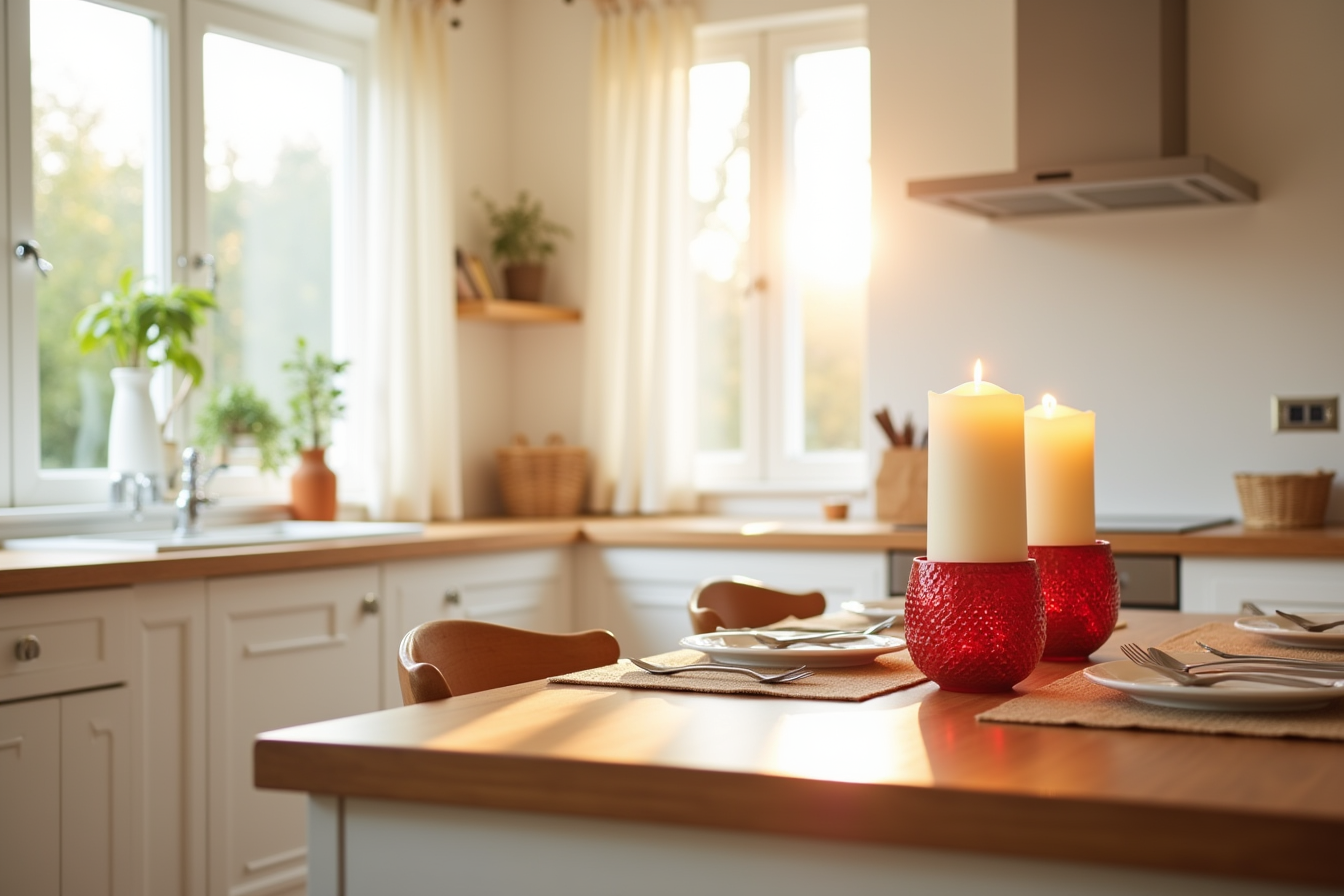 Three red votive candle holders clustered together on a kitchen island with place settings for two positioned behind them.